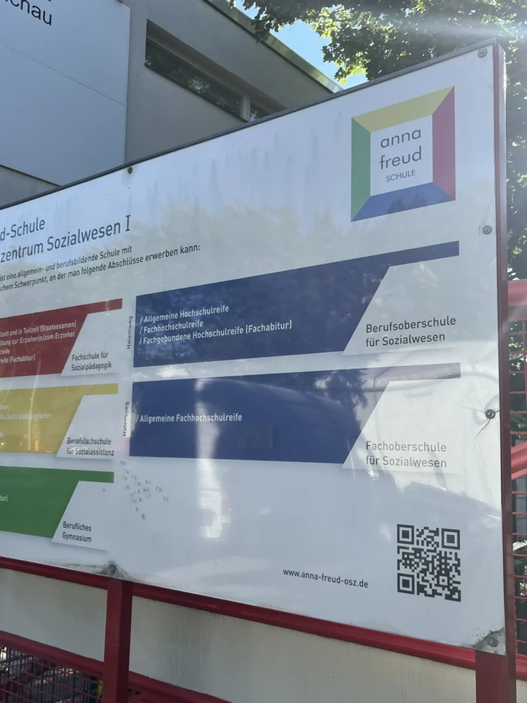 Informationsschild der Anna-Freud-Schule Berlin mit Ausbildungsangeboten im sozialen Bereich.